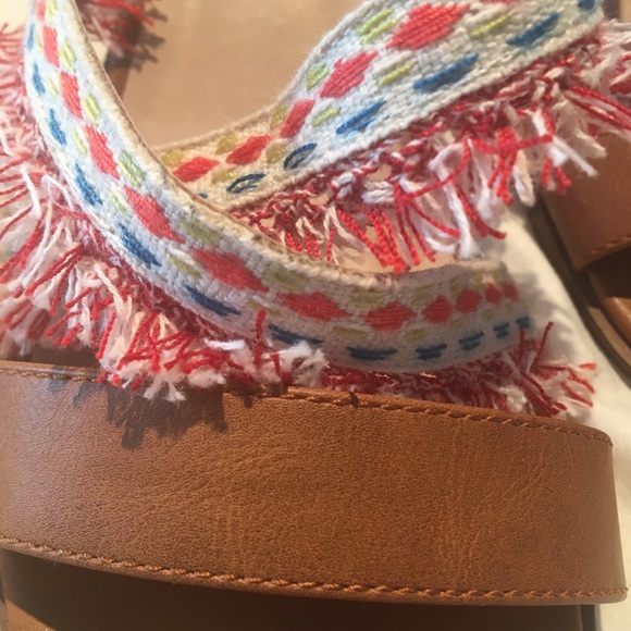 Tan Faux Leather/Colorful Fringe Ankle Tie Sandals - Picture 4 of 7